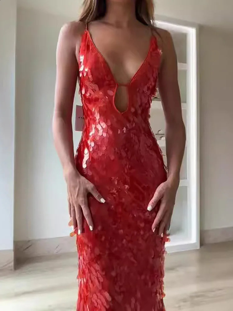 Backless Sequins Patchwork Simple Party Dress Women Summer Solid Deep V Neck Maxi Hollow Zipper Ladies Vestido 250912