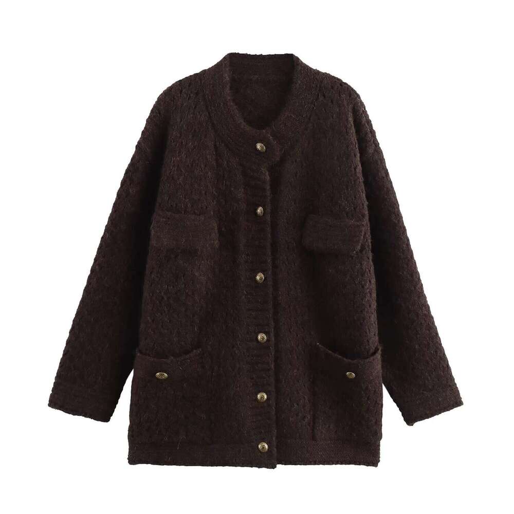 DHEssentials 2025 Autumn New French Style Loose Versatile Pocket Knitted Cardigan Sweater Jacket