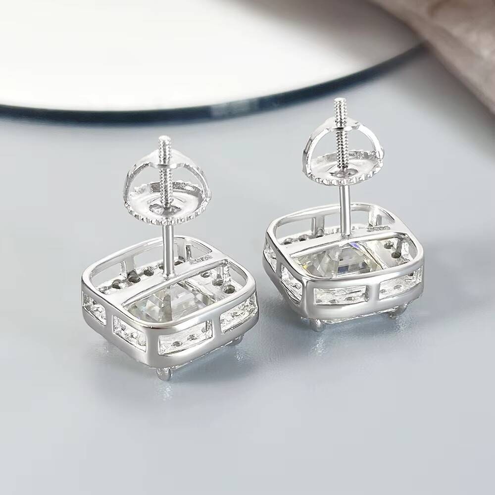 FOXI 925 Sterling Silver Earring square Asscher Cut Moissanite Diamond Halo Earrings Screw Back Post Stud Earrings for Men Women
