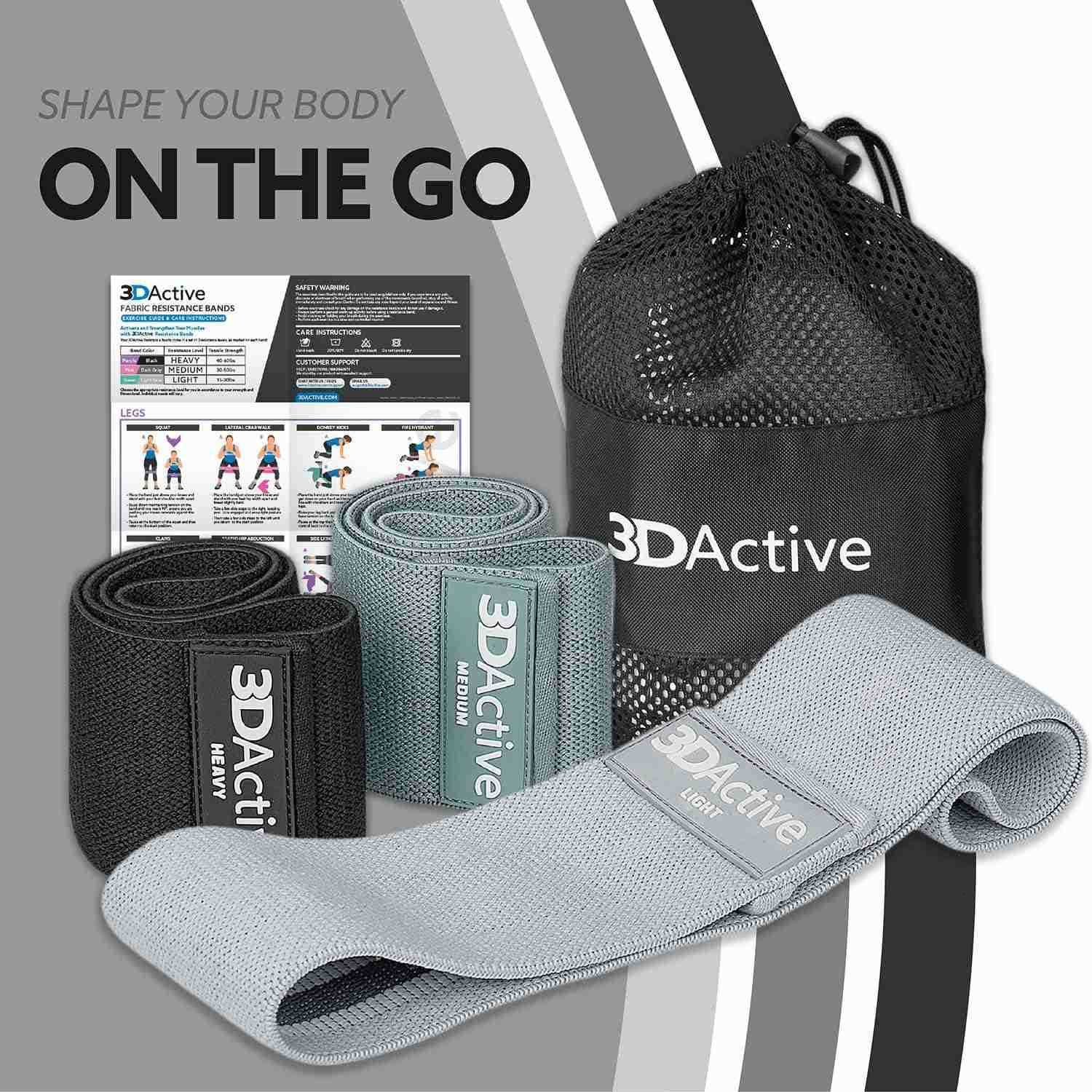 3DActive Fabric Resistance Bands for Legs Butt Wide NonSlip Hip Band Set for Home Gym Workouts Exercise Guide Carry Bag Included W250912