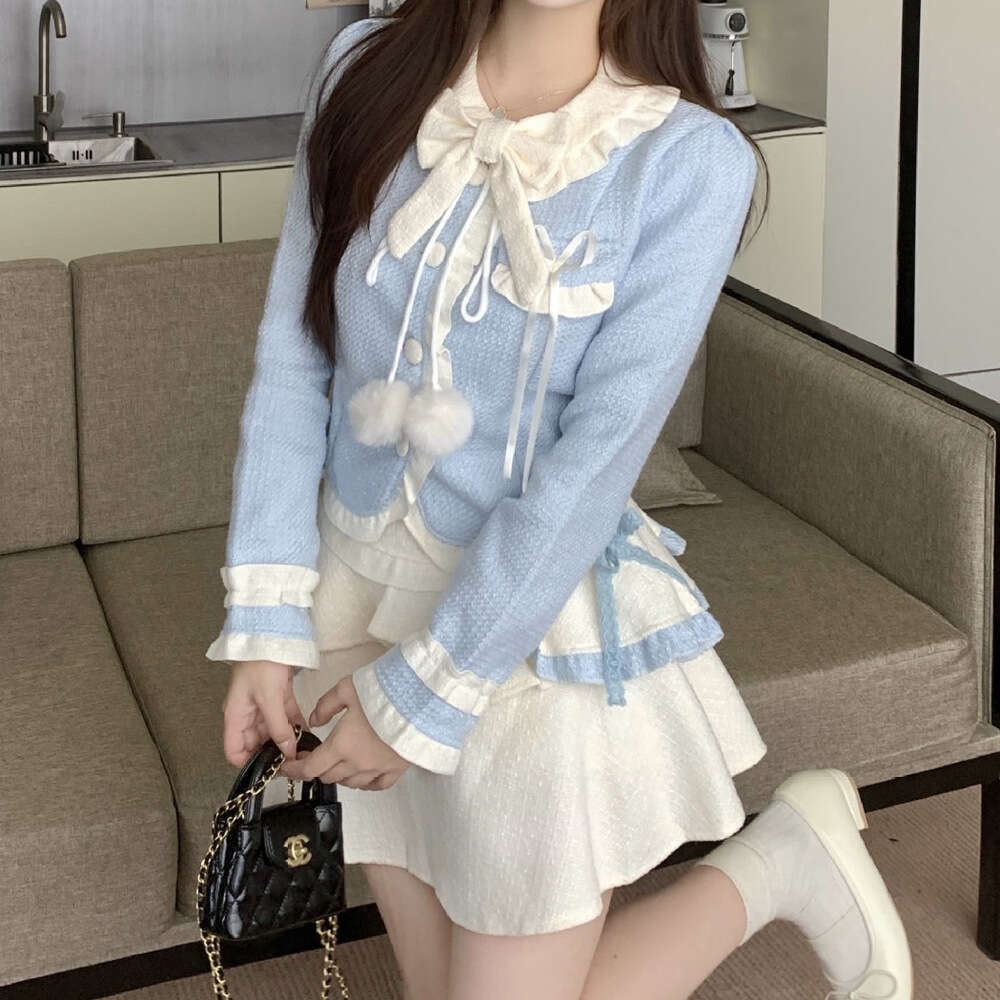 DHEssentials 2025 New Sweet Little Chanel Style Milk Blue Bow Top Puffy Cake Short Skirt Women Autumn Winter Slimming Two-Piece Set