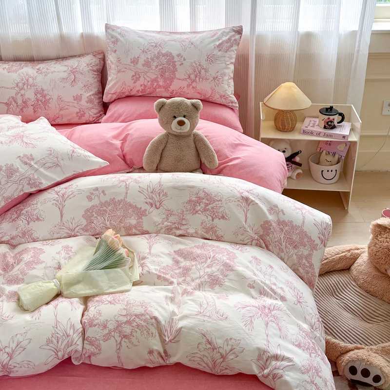 Solid INS Style Bedding Set For adults kids pink cotton fitted Flat Sheet With Pillowcases Colorful King Queen Full size X250912