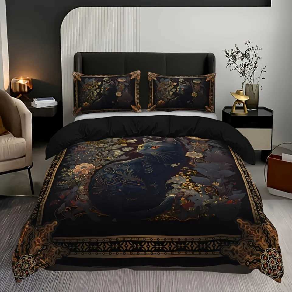 3pcs Bedding Set Gothic Black Cat Allan Poe Style Cozy Duvet Cover Set King Queen Twin Single Size Birthday Gift Bedroom Decor C250912