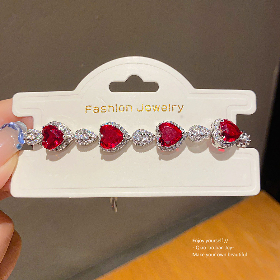 Silver - Toned Bracelet With Red Heart - Shaped Gemstones And Rhinestone Details Delicate Daily & Glamorous Jewelry Gift For Her Luxurious And Eye - C