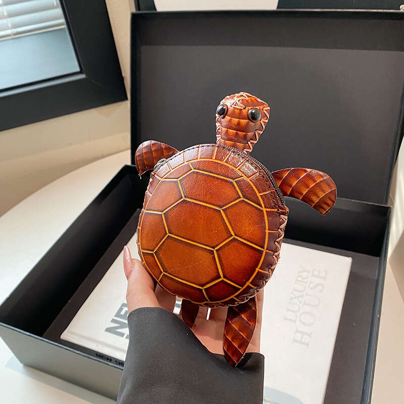 Turtle Coin Purse Small Bags Handmade Vegetable-Tanned Leather Simple Fashion Cute Turtle Handheld Crossbody Women's Bag Cartoon Top Layer Cowhid