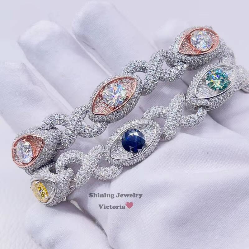 Hip Hop Jewelry Men Fashion 14K White Gold Plating Sterling Silver 925 Iced Out VVS Moissanite Diamond Evil Eye Cuban Bracelet 1