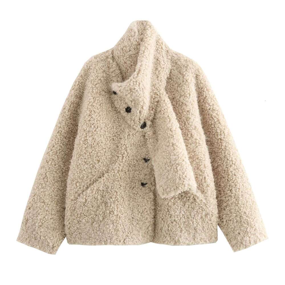DHEssentials French Style Small Fragrance Wind Curled V-Neck Detachable Scarf Button Fur Coat
