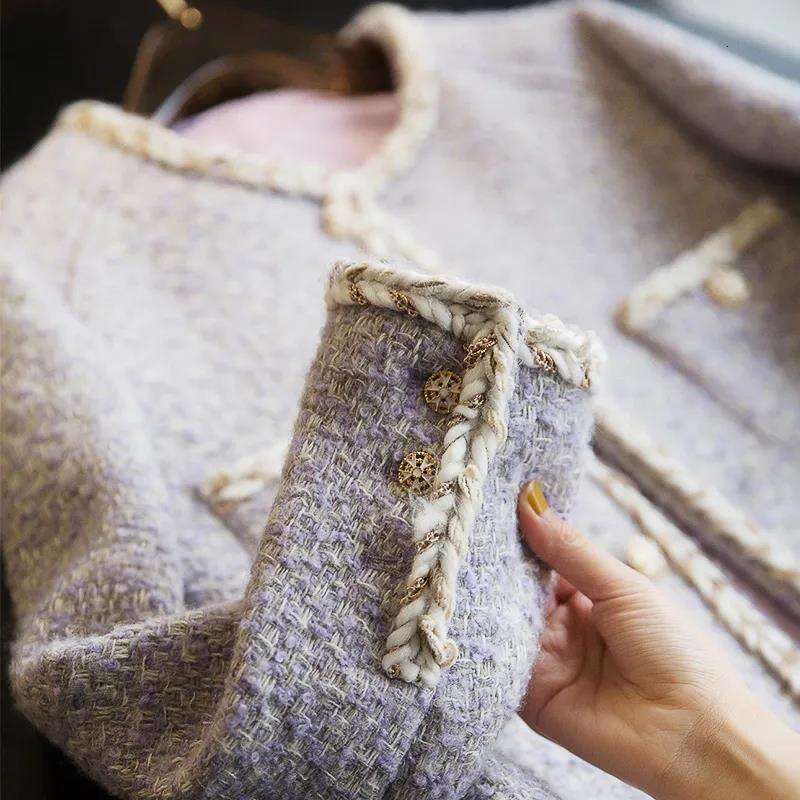 DHEssentials High-End Chanel-Style Lavender Tweed Cardigan Coat for Women 2024 Autumn Winter Short Small Size