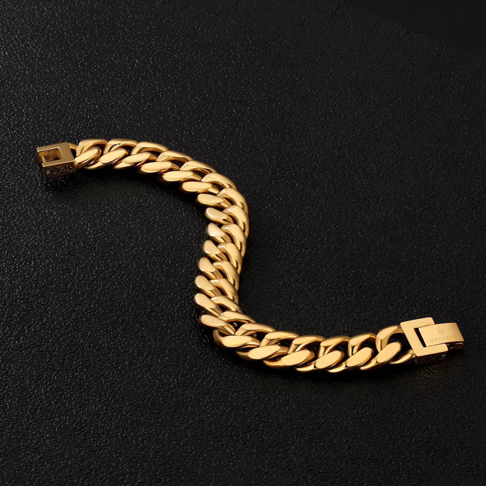 KRKC Wholesale Hip Hop Jewelry Tarnish Free 8mm 10mm 12mm 18K Gold Plated Stainless Steel Miami Cuban Link Bracelet Mens Chains