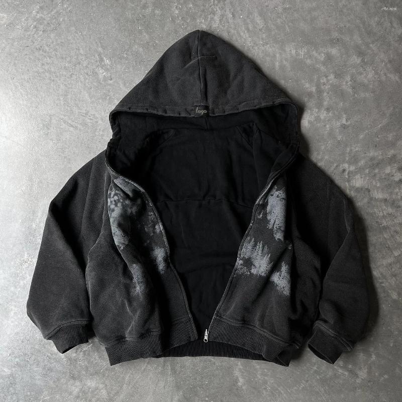 Men's Hoodies Men Hoodie Zip Up Sweatshirt Dark Tone Abstract Print Gothic Style Edgy Casual Layer Soft Cotton Fabric Versatile Top Selling