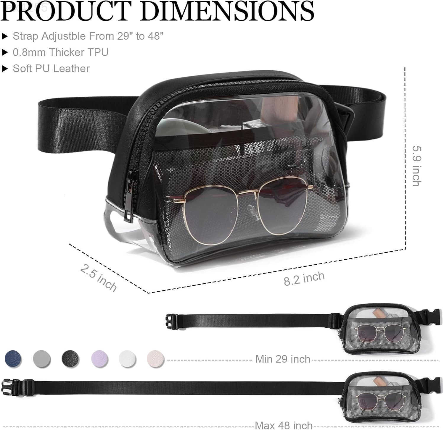 Clear Belt Bag Fanny Pack Stadium Approved Small Leather Transparent Waist Bag with Adjustable Strap for Concerts Sports Events Crossbody Purses for M