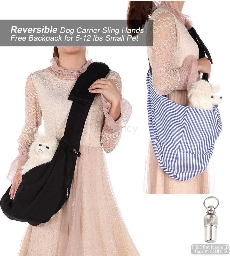 Small Dog Cat Travel Bag Hands Free Pet Carrier with Adjustable Strap Stainless Steel ID Barrel Black Up to 12 lbsW250912