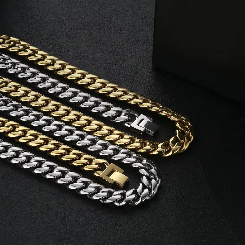 KRKC Wholesale Hip Hop Jewelry Tarnish Free 8mm 10mm 12mm 18K Gold Plated Stainless Steel Miami Cuban Link Bracelet Mens Chains