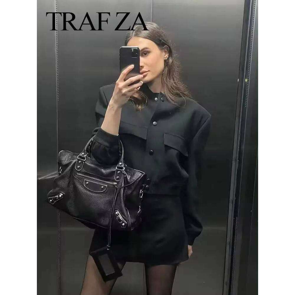 TRAFZA Women Elegant White Coat Long Sleeve Button Bomber Jacket Fashion Woman Casual Solid Office Lady Y2k Outerwear