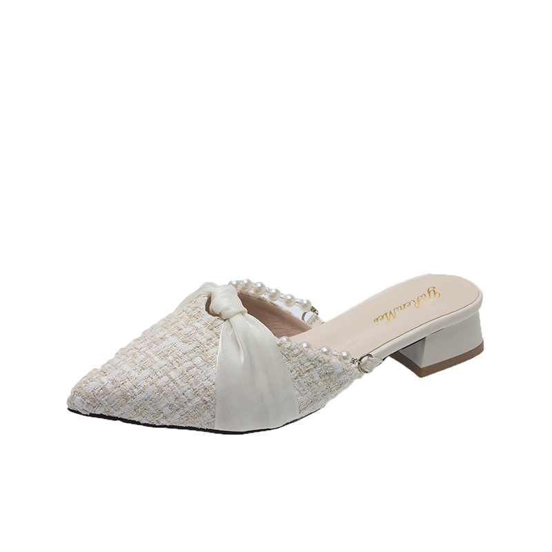 Luxury Sandals 2025 New Pearl-Embellished Mules for Women - Elegant Open-Back Low Heel Sandals with Slip-On Design, Chunky Toe Shape Summer Casual Sho
