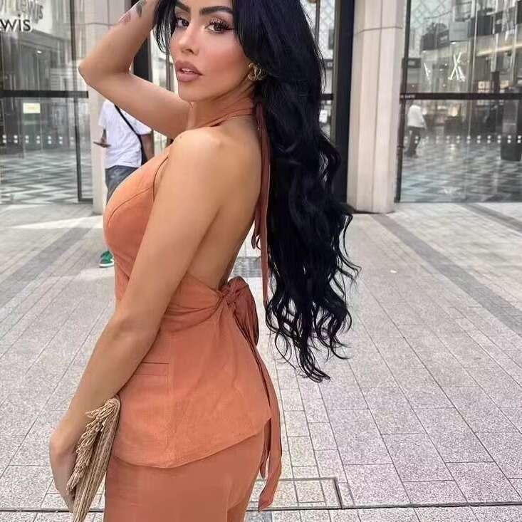 DHEssentials Chanel Style Cotton Linen Halter Neck Vest for Women Summer Outfit with Light Luxury Feel Long Pants Two-Piece Set