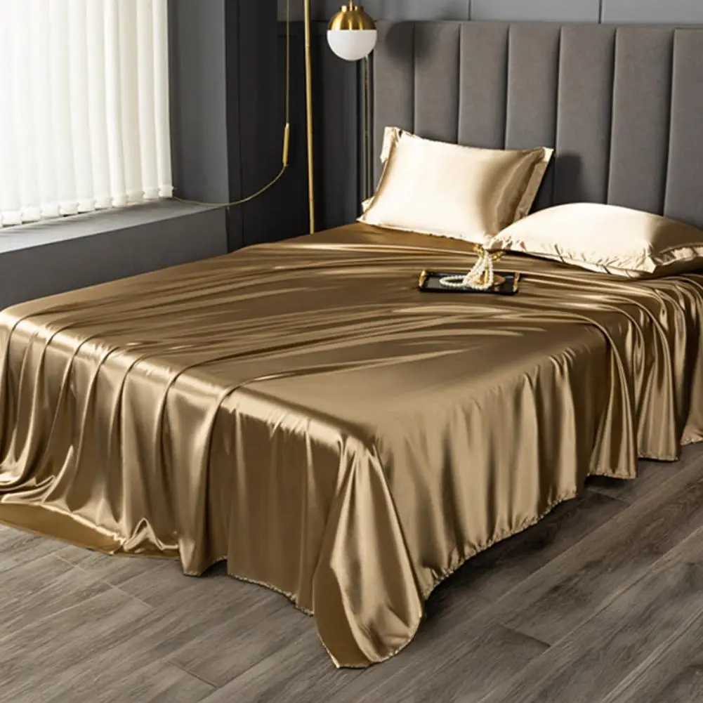 Glossy Satin Silk Bed Sheet With 2 Pillowcase TwinFullQueenTop Sheets Solid Color Flat Bed Sheets Smooth Bed Sheet Sets C250912