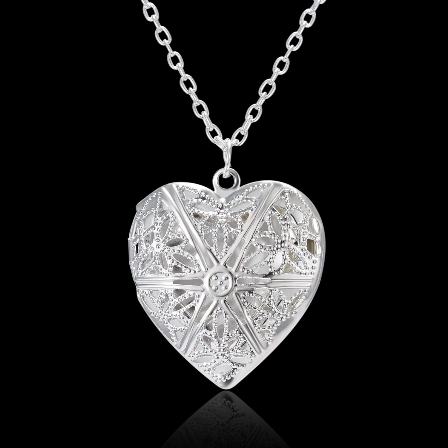 New Carved Peach Heart Openable Frame Box Photo Pendant Necklace for Women Sier Plated