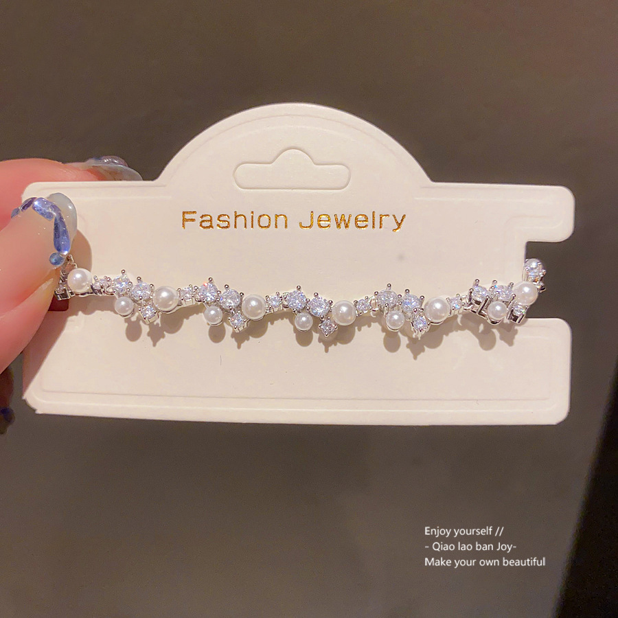 Silver - Toned Bracelet With Pearl And Rhinestone Cluster Accents Delicate Daily & Elegant Jewelry Gift For Her Dainty And Sparkling Accessory