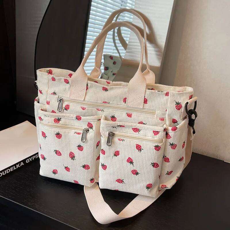 Fashionable Corduroy Strawberry Random Pattern Shoulder Simple And Personalized Exquisite Women's Bag, Casu