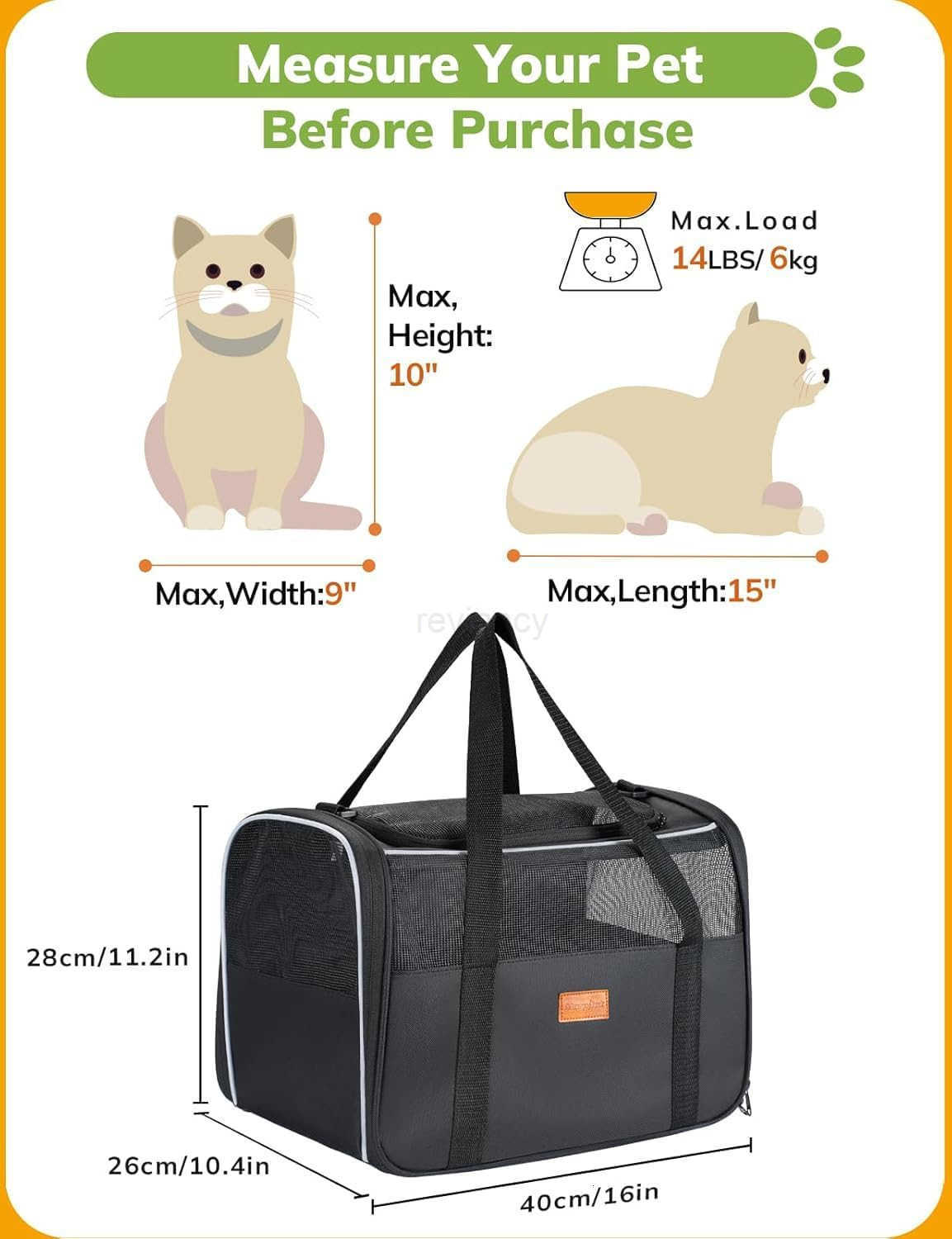 Cat Carrier Soft Portable Pet Carrier for Small or Medium Cats Dogs and Puppy up to 14lbs Airline Approved Dog Carrier with Safety Buckle and Foldable