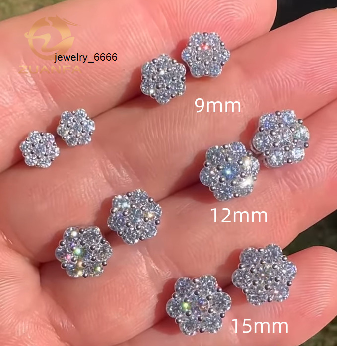 Pass Diamond Tester Classic Flower Cluster Moissanite Stud Earrings 925 Sterling Silver Moissanite Hip Hop Earring for Unisex