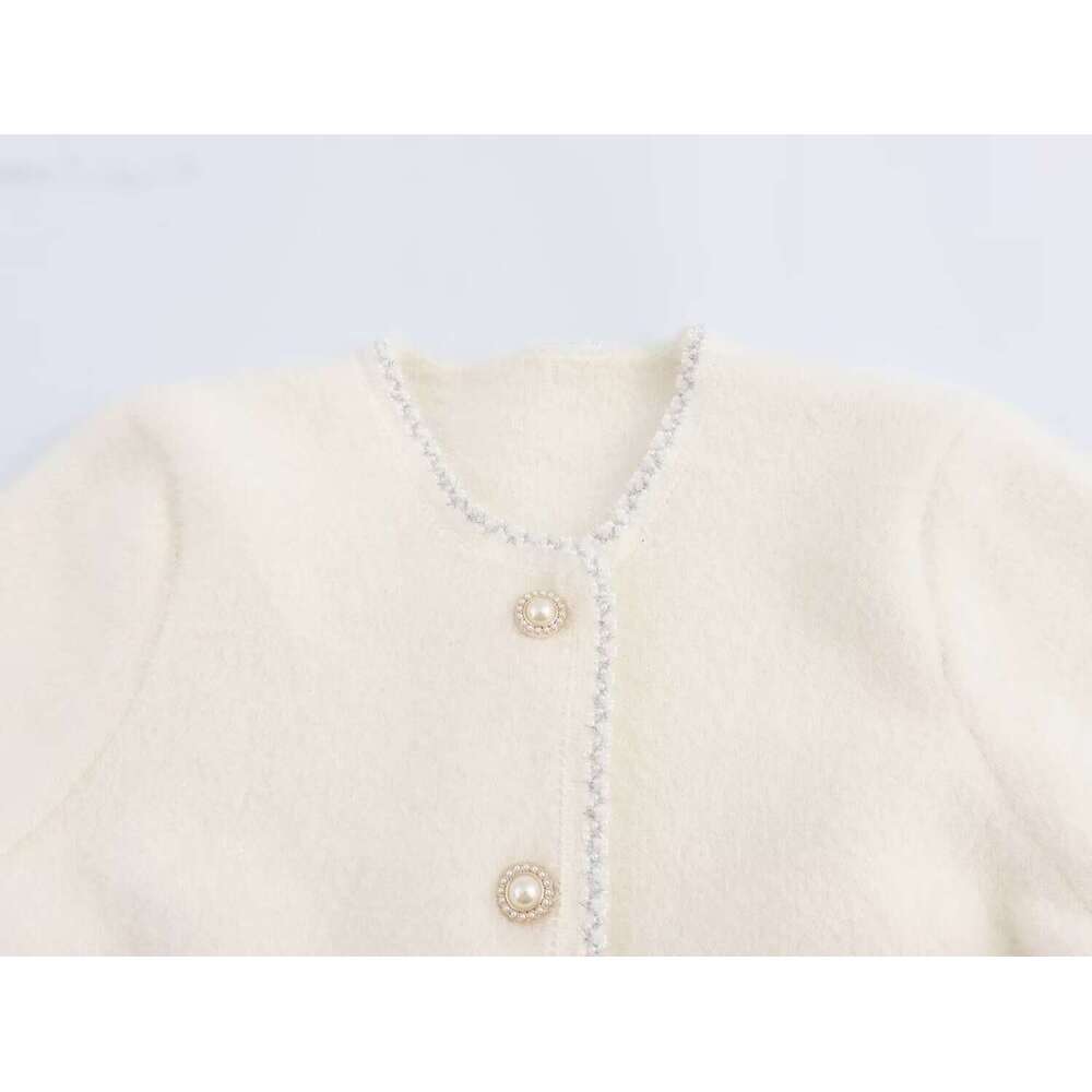 DHEssentials 2025 Autumn New French Style Gentle Pearl Shiny Lace Trim Knitted Cardigan Sweater