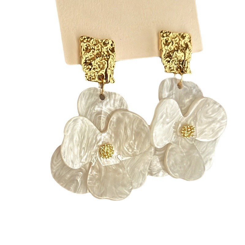 Sier Needle Wrinkled Acrylic Flower Fashionable Elegant Drop High-end Fresh Versatile Stud Earrings Jewelry