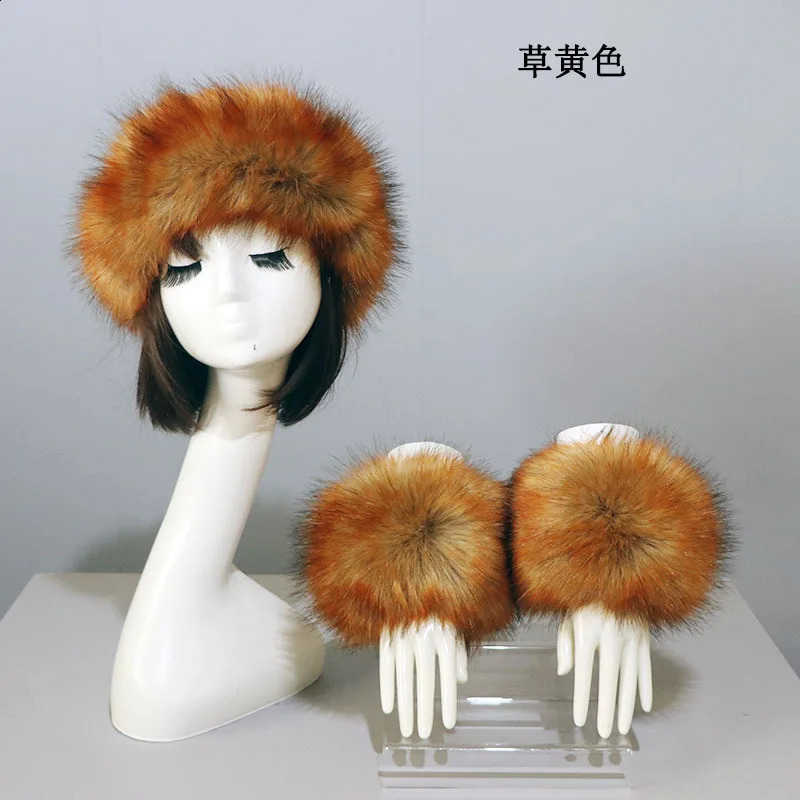 3pcsSet Women Winter Faux Fox Fur Headband Hats Cuffs Fashion Warmth Female Wrist Sleeve Gloves Faux Fur Cap Russian Style250912