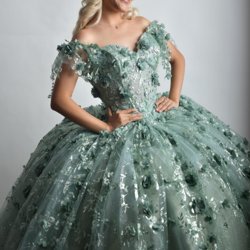 Mint Green Shiny Ball Gown Quinceanera Dresses Off The Shoulder Sequin Applique Flower Beads Party Birthday Sweet 16 Dress Vestidos 15 De Anos