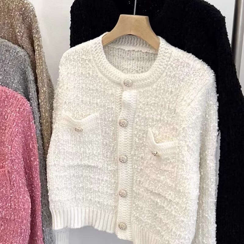 DHEssentials 2025 Autumn Winter French Style Small Fragrance Button Round Neck Short Knitted Sweater Top Fashionable Casual Versatile Stylish Cardigan