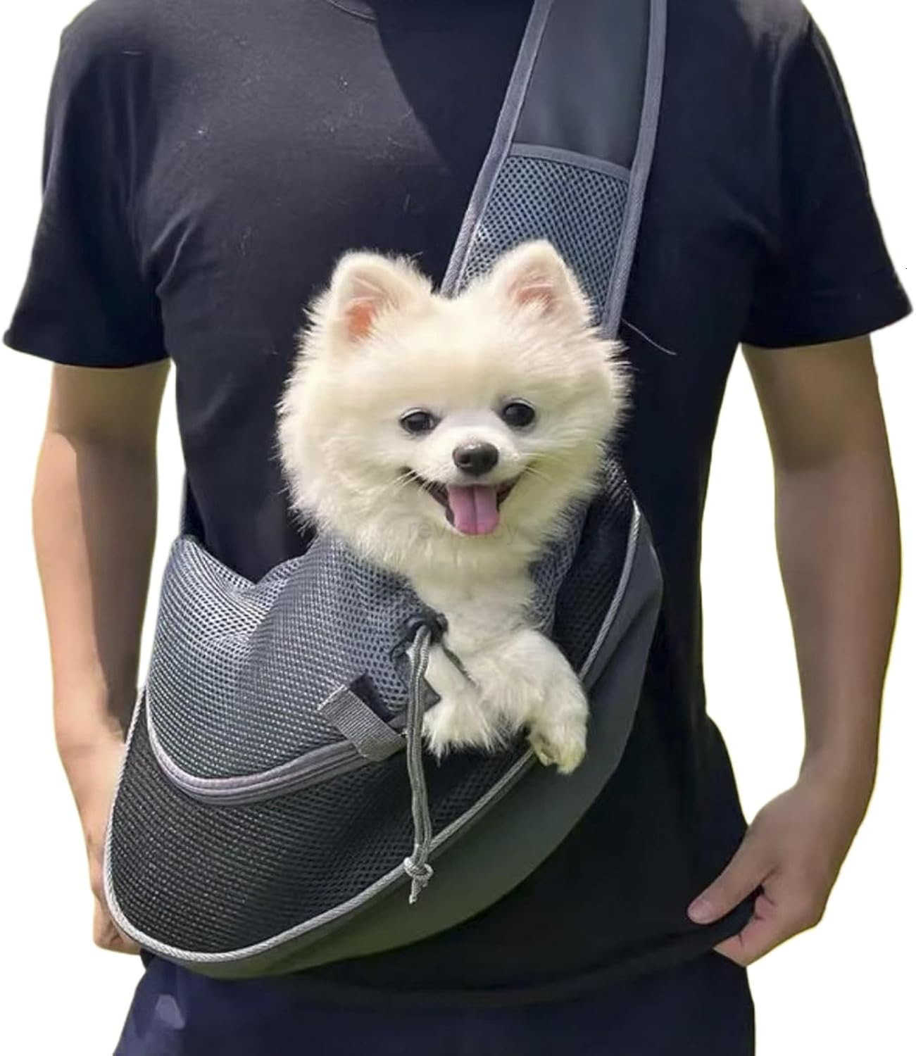 Pet Dog Sling Carrier Hand Free Drawstring Dog Papoose with Adjustable Strap Breathable Mesh Bag for Puppy Cat Crossbody Satchel Dog Purse with Pocket