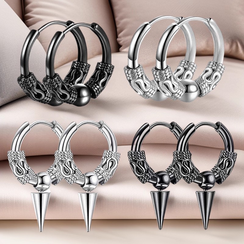 Hip-Hop Unisex Fashionable Retro Tibetan Dragon-Pattern Stainless Steel Beaded Earrings with Round Wire & Pointed Cone Details