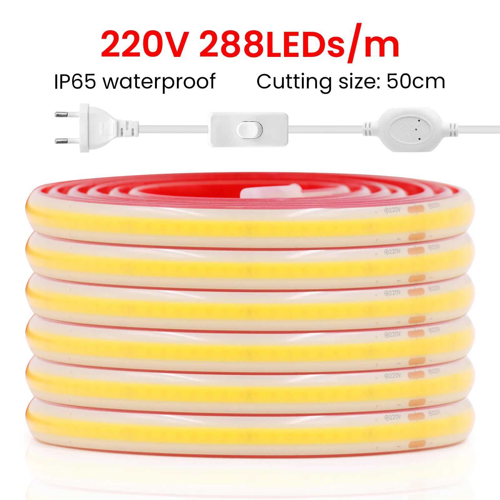 AC 220V COB Neon Strip With EU ONOFF Switch 4000K 6000K 3000K Waterproof Self Adhesive Home Decor Flexible Ribbon Rope Light C250912