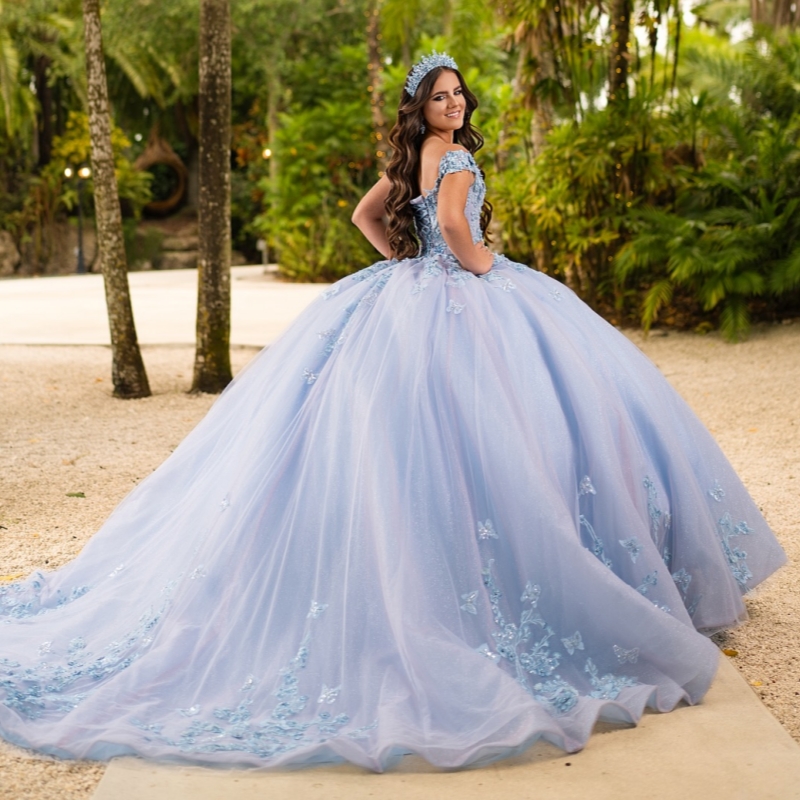 Light Lavender Ball Gown Quinceanera Dresses Off The Shoulder Applique Beads Bow Sky Blue Lining Party Birthday Sweet 16 Dress Vestidos 15 De Anos