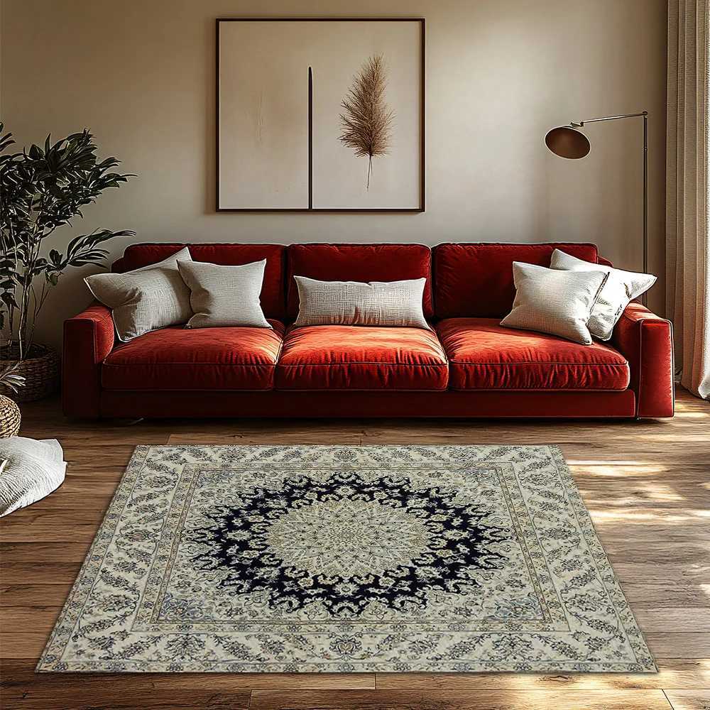 Classic Floral Design Persian Area Rug Cream Royal Blue Boho Accent Carpet for Living Room Decor 8 x 10 Feet Custom Sizes Avail C250912