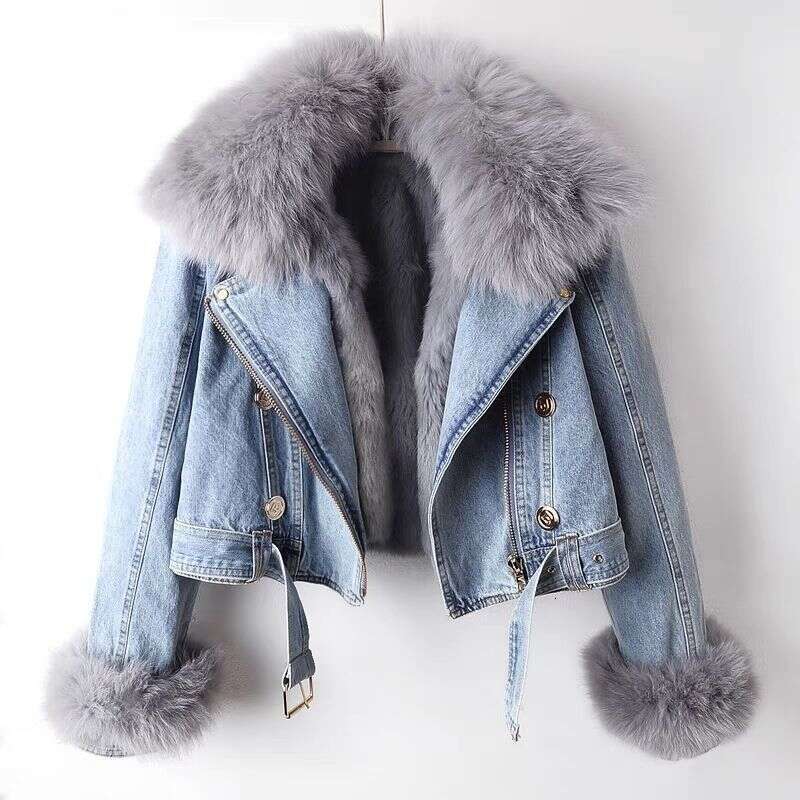 Women's Short Top Party Removable Imitation Fox Rabbit Fur Liner Denim Jacket