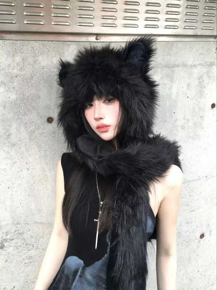 Japanese Kawaii Cute Fur Scarf Hat Winter Keep Warm Y2k Aesthetic Fashion Vintage Bears Ears Wen Hats Grunge Streetwear G250910