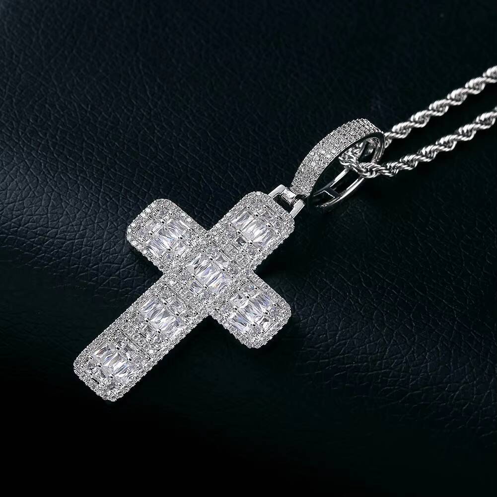 Baguette Cross Chain 14K Gold Plated Trendy Hip Hop Men Women Religious Jewelry Iced Out Moissanite Jesus Pendant Necklace