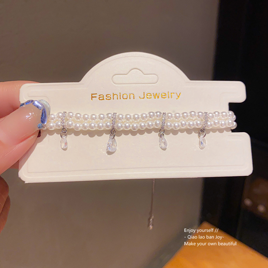 Silver - Toned Layered Pearl Bracelet With Teardrop Crystal Charms Delicate Daily & Elegant Jewelry Gift For Her Romantic And Timeless Accessory