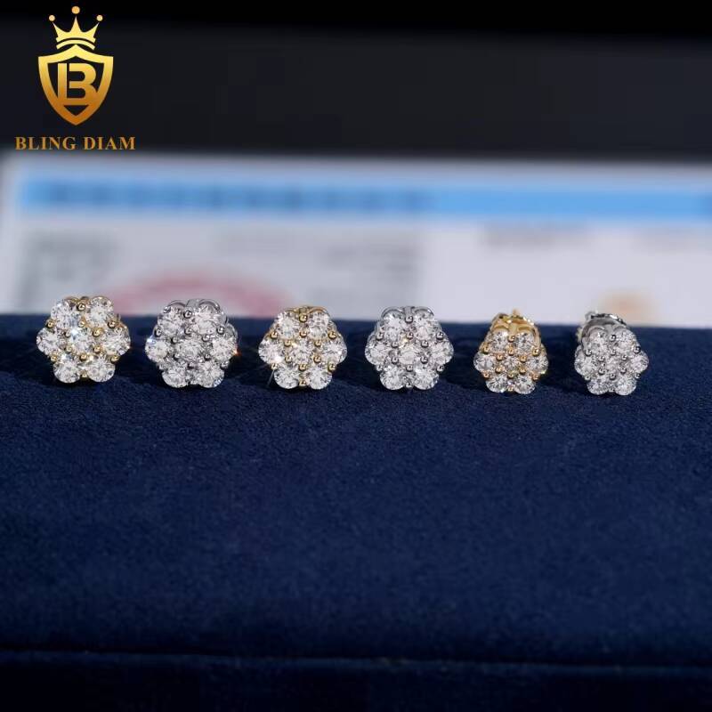 New Style 6105mm Flower Cluster Moissanite Earrings 925 Sterling Silver Moissanite Lab Diamond Screw Back Earrings