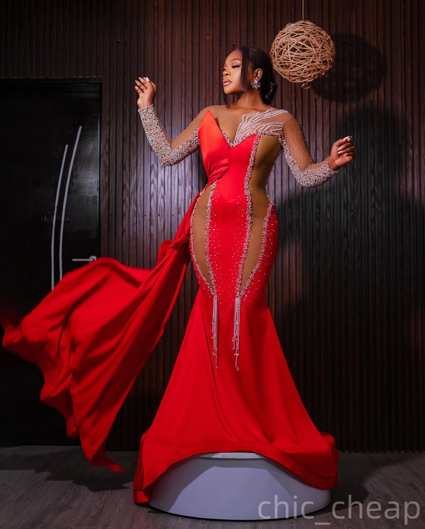 Aso Ebi Red Mermaid Prom Dresses 2025 Beaded Crystals Satin Transparent Evening Formal Party Second Birthday Engagement Gowns Plus Size Dress For Spec