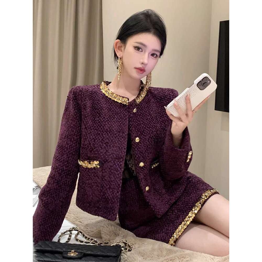 DHEssentials Chanel Suit 2025 New French Style Rich Lady Socialite Black Sequin Wool Blazer Women Autumn Winter