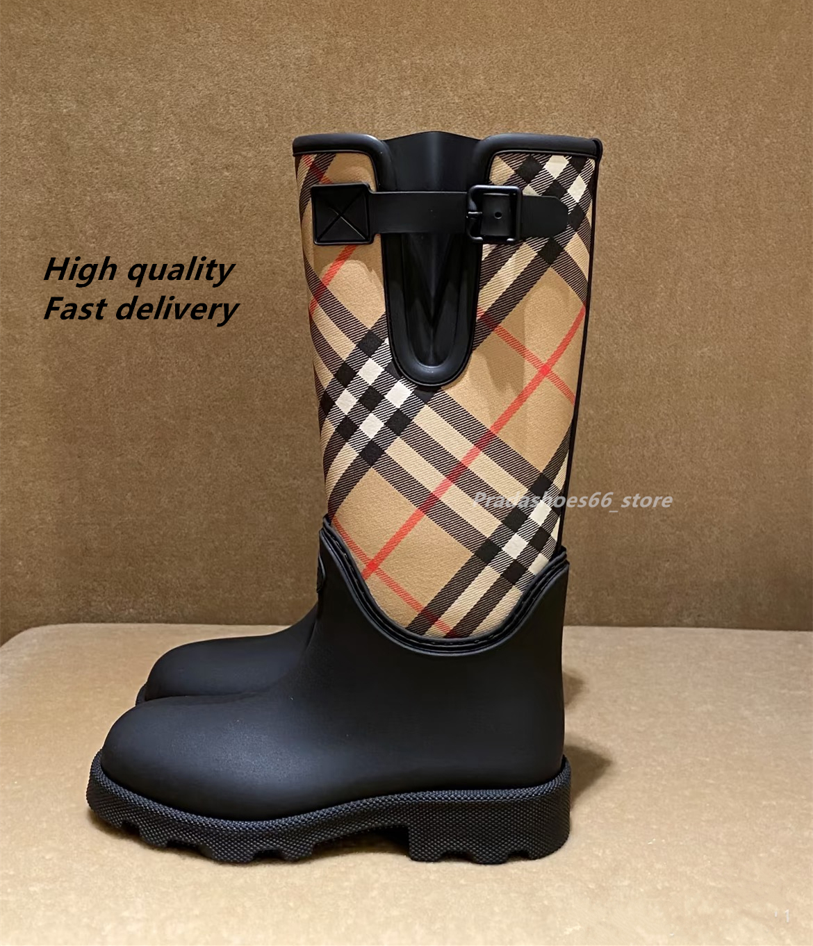 2025 Luxury designer Rain boots Plaid Style Women Shoes Platform Rainboots Woman Ankle Rock Boots Metal Decor Woman Martin boots berry botte Marsh Stamp