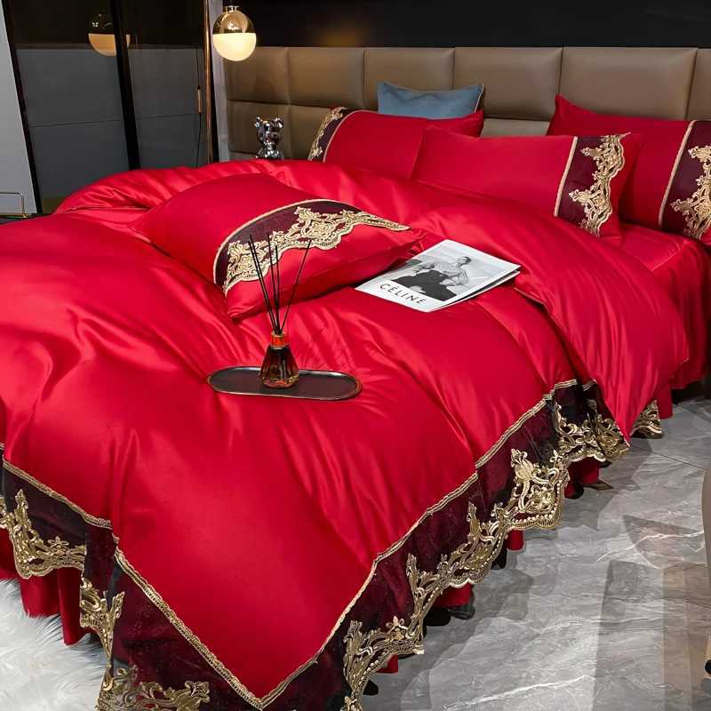 Luxury Bedding Set 3Pcs Duvet Cover Set King Size Bed Skirt Lace Double Side Washed Silk Design Reactive Printing Sleep Coolly C250912