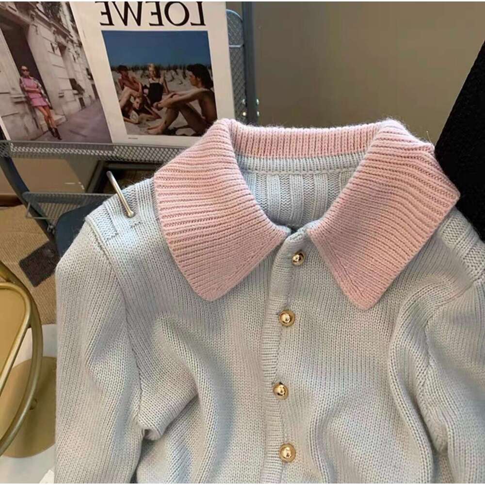 DHEssentials 2025 Autumn New Short Polo Collar Gentle Style Knitted Cardigan Sweater for Women