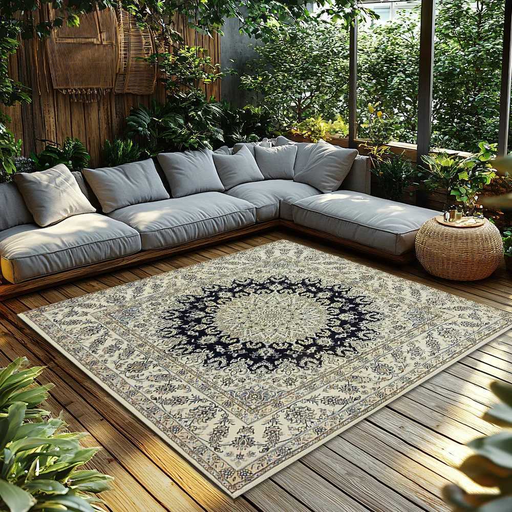 Classic Floral Design Persian Area Rug Cream Royal Blue Boho Accent Carpet for Living Room Decor 8 x 10 Feet Custom Sizes Avail C250912