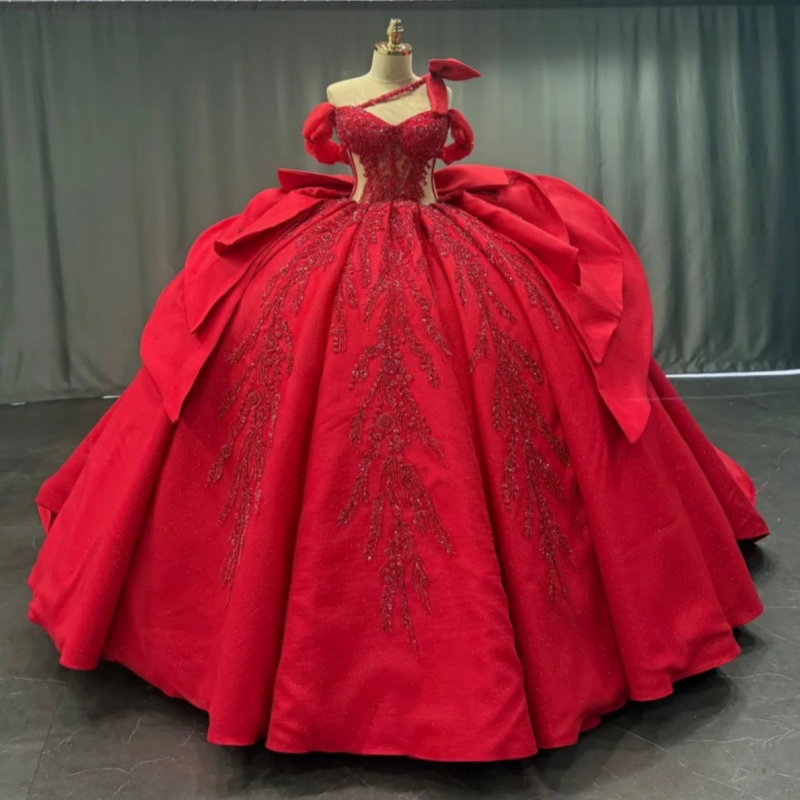 Red Shiny Ball Gown Quinceanera Dresses Off The Shoulder Sequin Applique Bow Beading Corset Tull Party Birthday Sweet 16 Dress Vestidos 15 De Anos