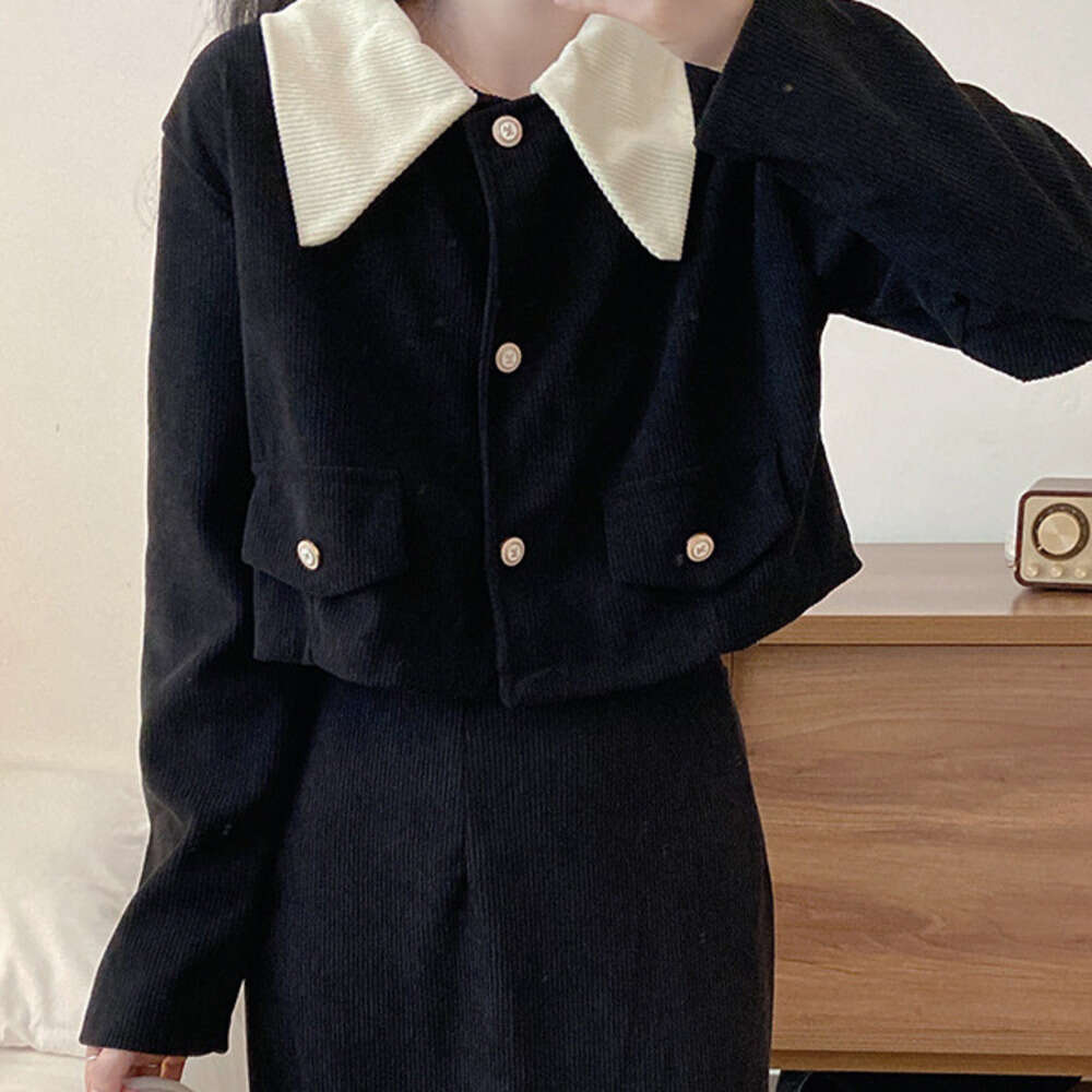 DHEssentials 2024 Autumn Winter New Corduroy Fleece-Lined Plus Size Chanel-Style Elegant Lapel Coat High-Waisted Skirt for Women