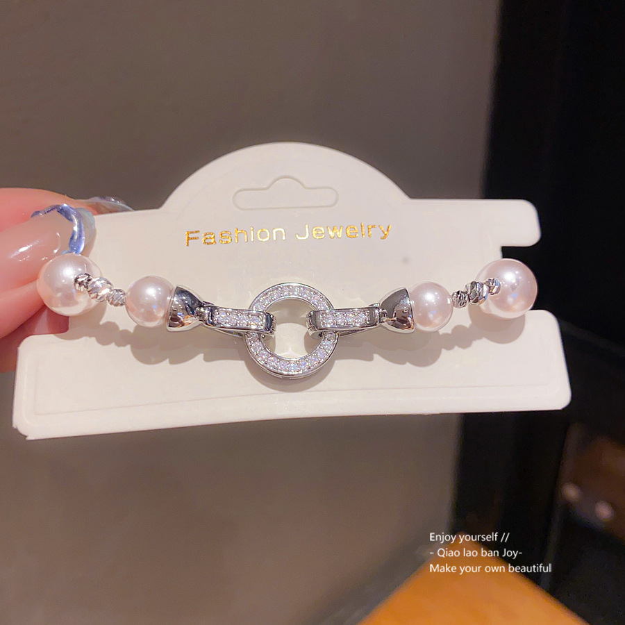 Silver - Toned Bracelet With Pearl Beads And Rhinestone Circle Accent Delicate Daily & Elegant Jewelry Gift For Her Dainty And Classy Accessory